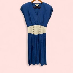 Vintage 80’s Nina Piccalino ocean blue drop waist midi deep v dress button waist